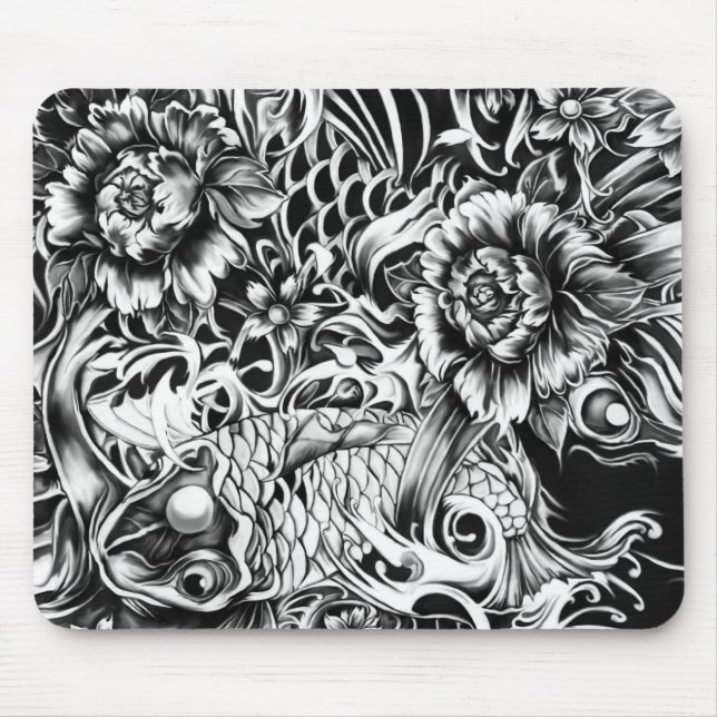 Tapis De Souris Tatouage noir et blanc art. de Koi de Japonais (Devant)