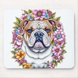 Tapis De Souris Taureau d'art Ai Bulldog Entouré de Fleurs Fantais