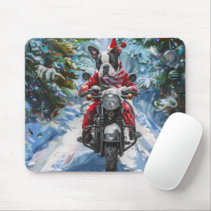 Tapis De Souris Tchiens de Boston Terrier à moto Noël