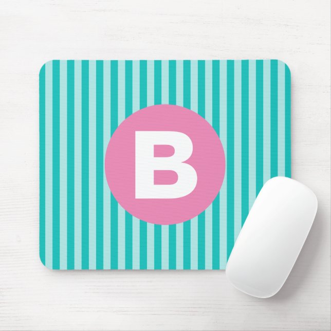 Tapis De Souris Teal Blue Vertical Striped Pink Circle Monogram (Avec souris)