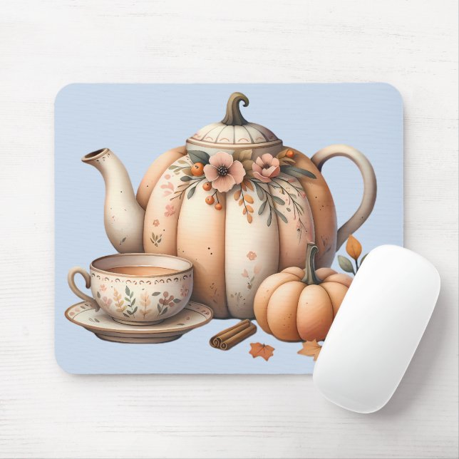 Tapis De Souris Teapot citrouille avec fleurs d'automne (Avec souris)