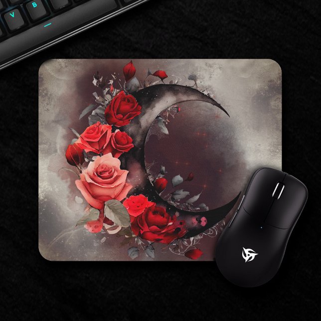 Tapis De Souris Técherie | Lune de croissant avec des roses rouges (Créateur téléchargé)
