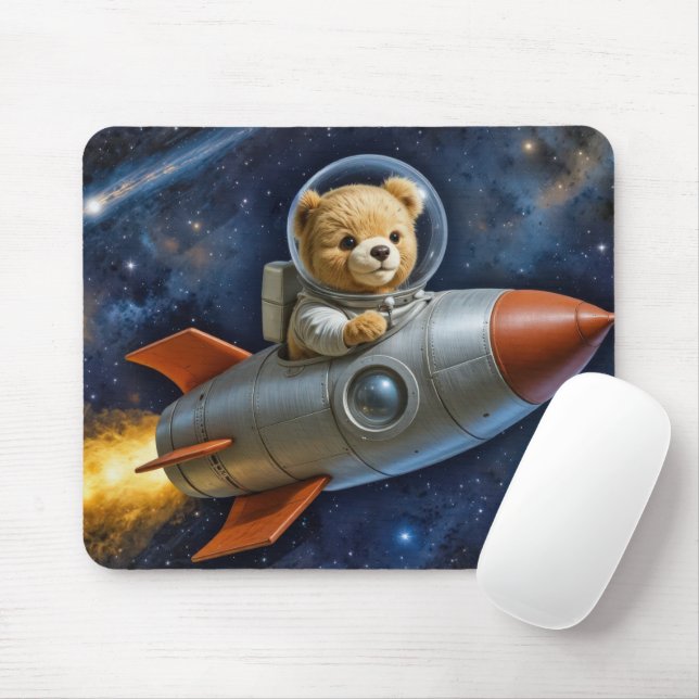 Tapis De Souris Teddy Bear Flying In a Rocket Ship (Avec souris)