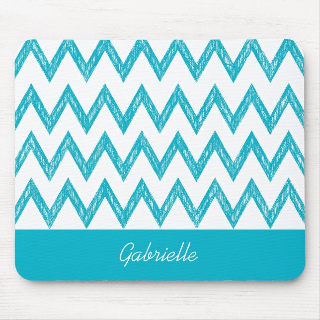 Tapis De Souris Tendance Crayon Turquoise Chevron Zigzags Avec Nom (Devant)