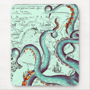 Tapis De Souris Tentacles Turquoises Sur Une Carte Vintage Turquoi