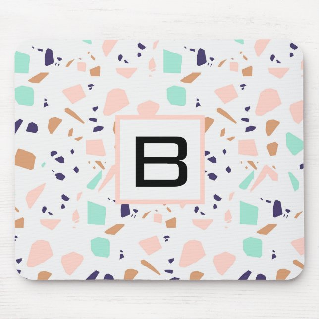 Tapis De Souris Terrazzo blanc rousse menthe monogramme initial (Devant)