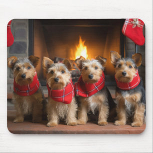 Tapis De Souris Terrier Australien au coin de la cheminée de Noël