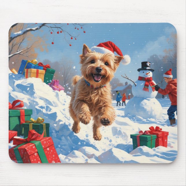 Tapis De Souris Terrier rouillé en neige avec Casquette de Noël (Devant)