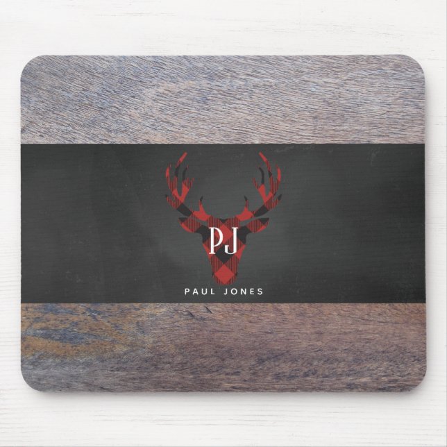 Tapis De Souris Tête rouge de cerfs communs de monogramme de plaid (Devant)