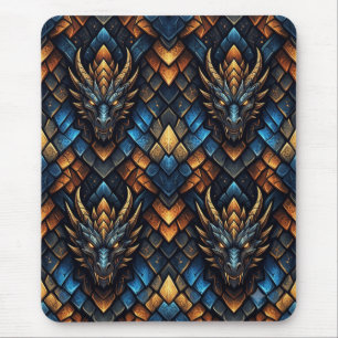 Tapis De Souris Têtes de dragon bleu et or à motif géométrique d'é