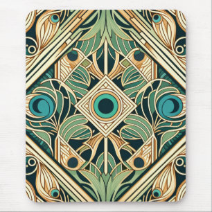 Tapis De Souris Texture des plumes abstraites or et vert paon