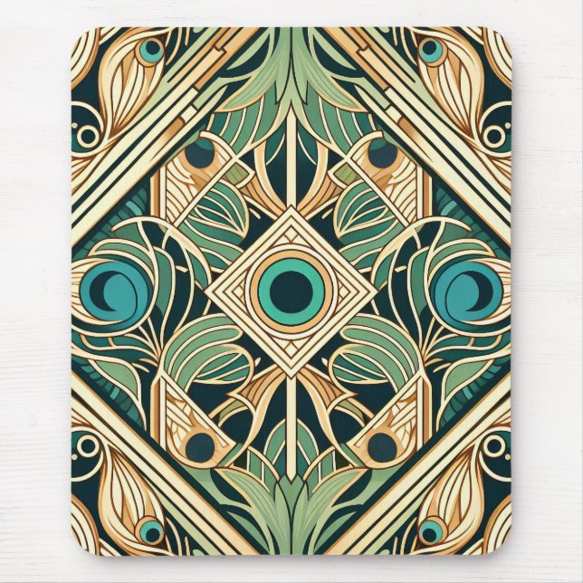 Tapis De Souris Texture des plumes abstraites or et vert paon (Devant)