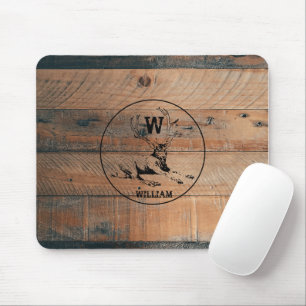Tapis De Souris Texture en bois rustique et monogramme de cerfs su
