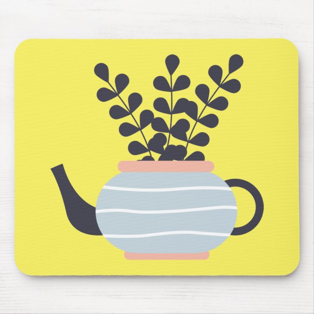 Tapis De Souris Théière moderne simple avec plante pastel (Devant)
