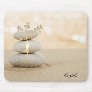 Tapis De Souris Thérapeute Pierres Zen Sable Silhouette Arbre Doré