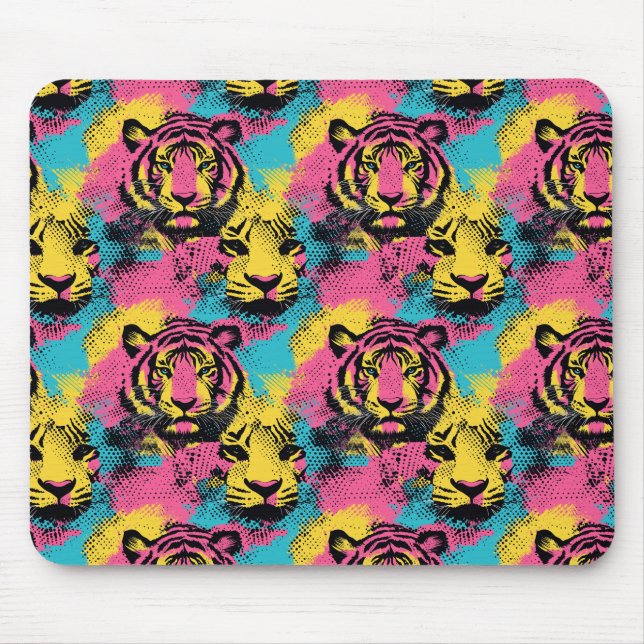 Tapis De Souris Tiger Pop Art Motif en rose, jaune et bleu (Devant)