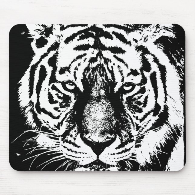 Tapis De Souris Tiger Tiger Tête Noir Et Blanc Modèle Art Pop (Devant)