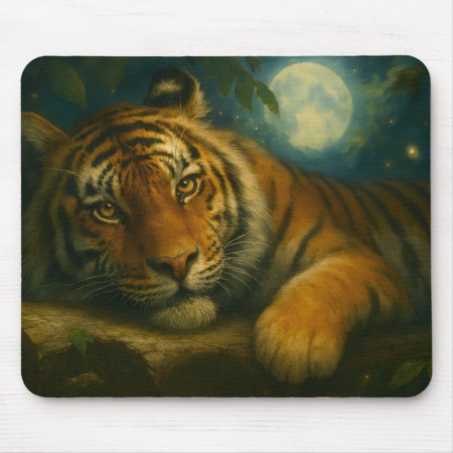 Tapis De Souris Tigre d'aquarelle reposant dans la forêt nocturne (Devant)