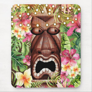 Tapis De Souris Tiki Hawaïen en Bois Fête d'été Floral Île