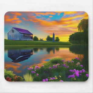 Tapis De Souris Toit violet de grande ferme au coucher du soleil