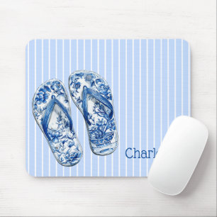 Tapis De Souris Tongs chinoiserie bleus et blancs sur rayures