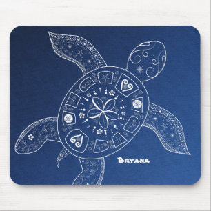 Tapis De Souris Tortue de mer hawaïenne blanche sur plage bleue tr