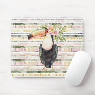 Tapis De Souris Toucan Oiseau Rose Vert Rayures