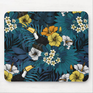 Tapis De Souris Toucans et flore tropicale, bleu, jaune, orange