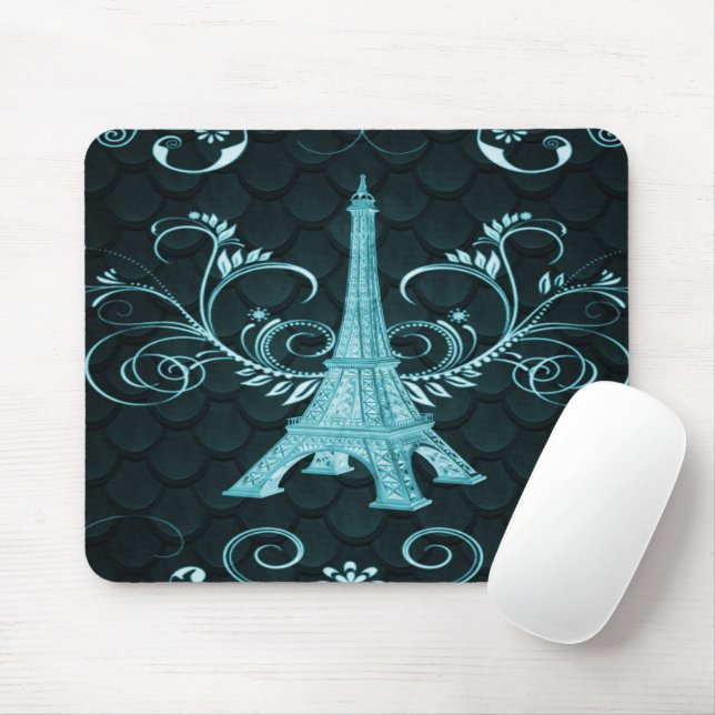 Tapis De Souris Tour Eiffel Turquoise Floral (Avec souris)