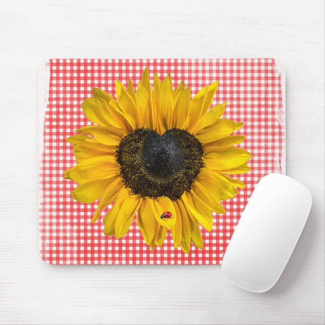 Tapis De Souris Tournesol du coeur et coccinelle sur En vichy (Avec souris)
