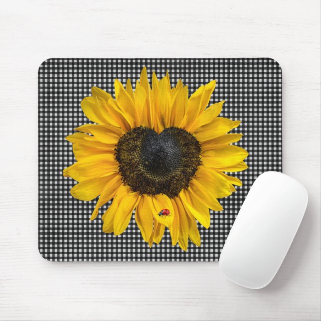Tapis De Souris Tournesol du coeur et coccinelle sur En vichy (Avec souris)