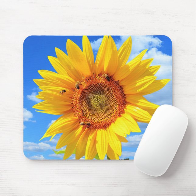 Tapis De Souris Tournesol jaune et abeilles sur le ciel bleu - Jou (Avec souris)
