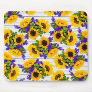 Tapis De Souris Tournesol jaune violet en bois blanc rustique