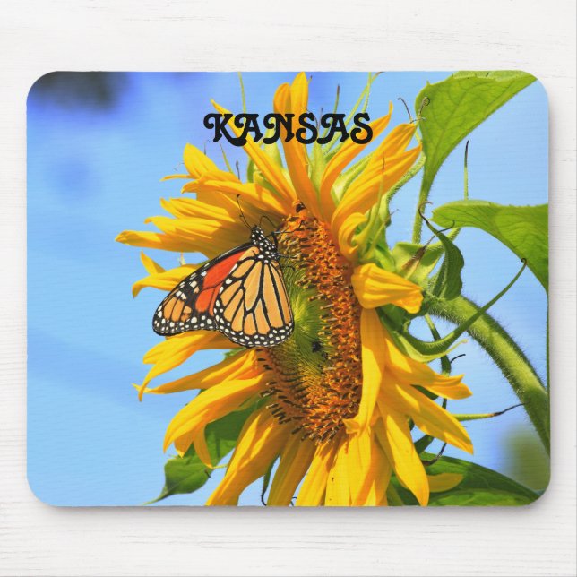 Tapis De Souris Tournesol Kansas et papillon Monarque, pavé souris (Devant)