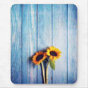 Tapis De Souris Tournesol sur Mur en Bois Bleu