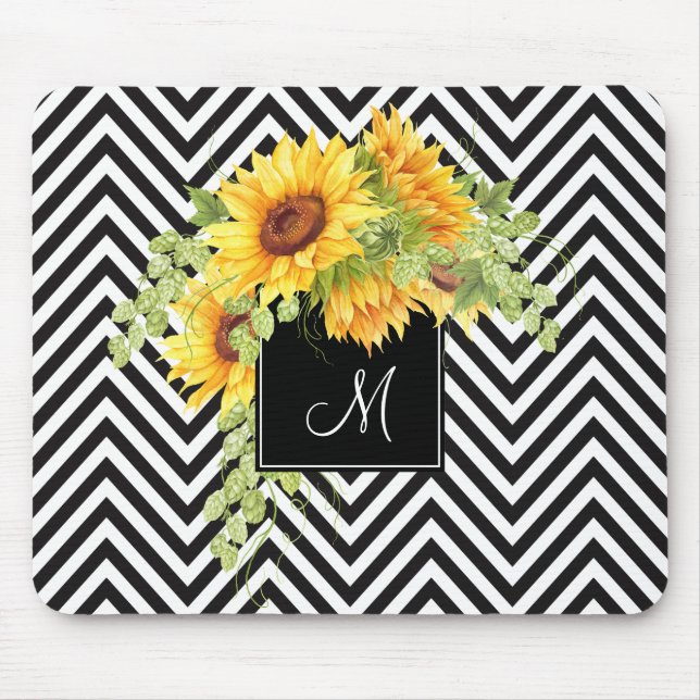Tapis De Souris Tournesols et rayures de Chevron avec votre monogr (Devant)