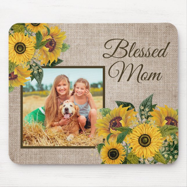 Tapis De Souris Tournesols jaunes rustiques Burlap Bienheureux Mam (Devant)