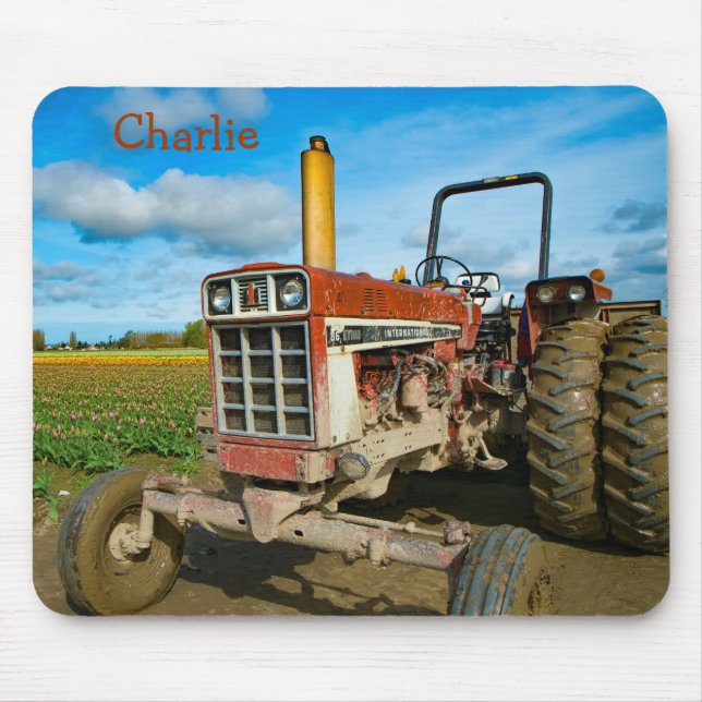 Tapis De Souris Tracteur antique dans les champs de tulipe (Devant)