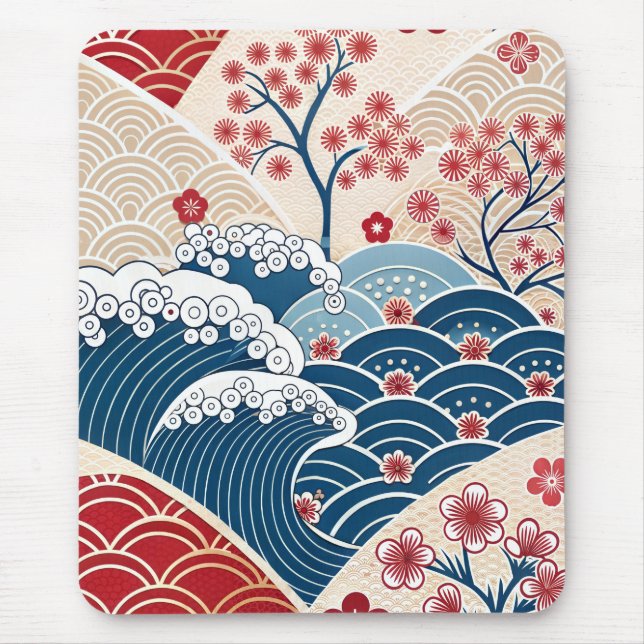 Tapis De Souris Traditional Red Blue Japanese Wave Sakura Pattern (Devant)