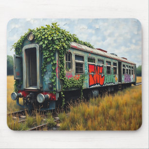 Tapis De Souris Train abandonné recouvert de lierre et de graffiti