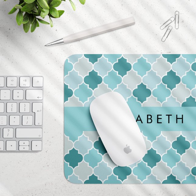 Tapis De Souris Trellis Bleu Marocain, Quatrefoil, Votre Nom (Créateur téléchargé)