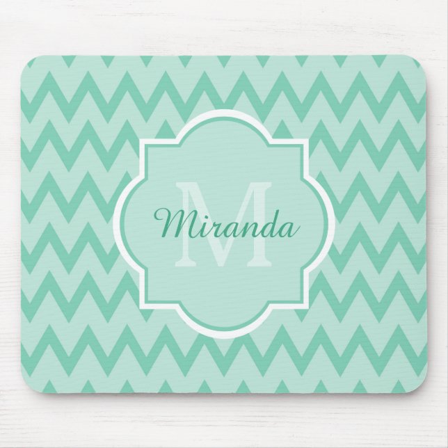 Tapis De Souris Trendy Mint Green Chevron Zigzag Nom et Monogramme (Devant)