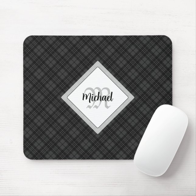 Tapis De Souris Trendy noir blanc tartan Personnaliser Monogramme (Avec souris)