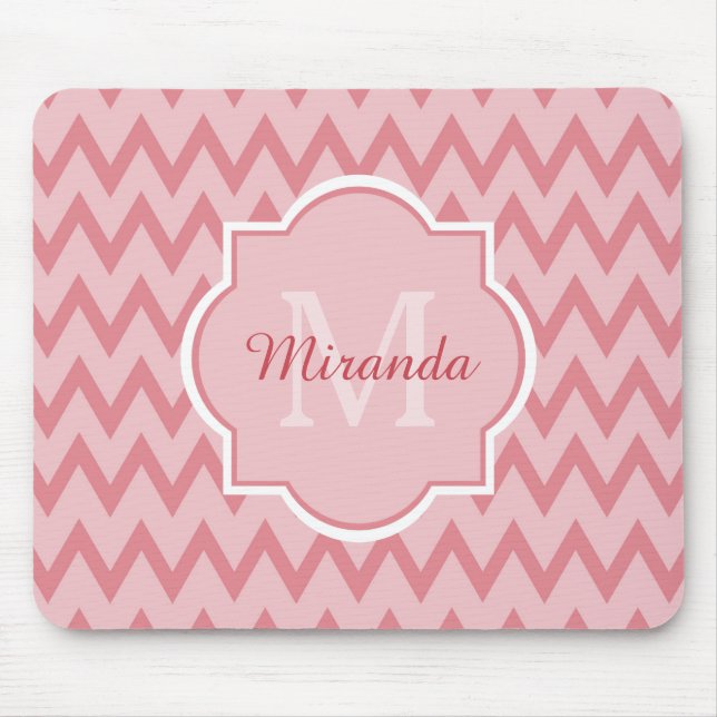 Tapis De Souris Trendy Pink Chevron Zigzag Nom et Monogramme (Devant)