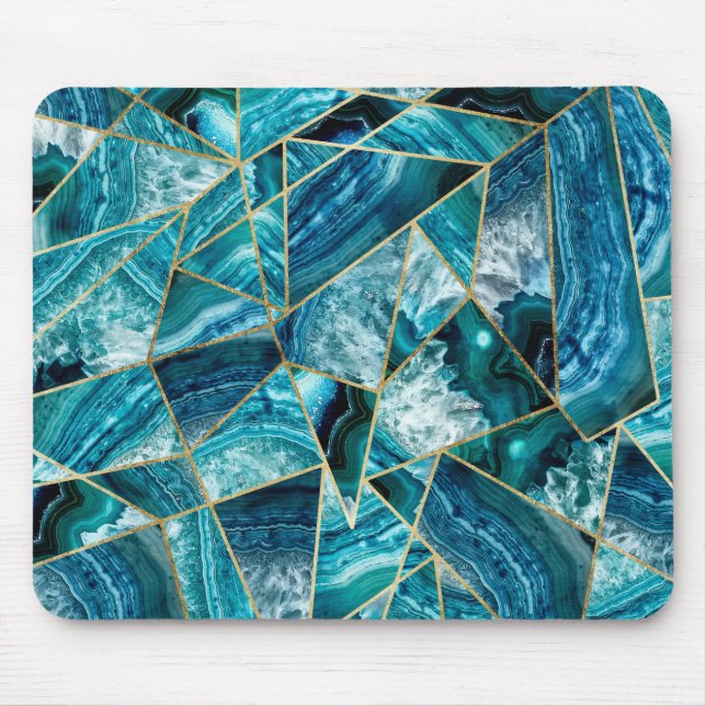 Tapis De Souris Triangle géométrique d'or de noir d'agate de bleu (Devant)