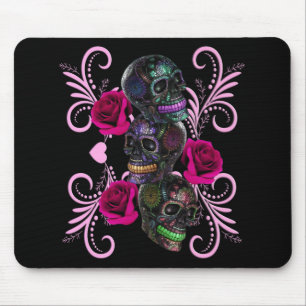 Tapis De Souris Triple Black Day Of The Dead Skulls Pink Roses