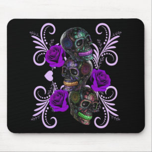 Tapis De Souris Triple Black Day Of The Dead Skulls Purple Roses