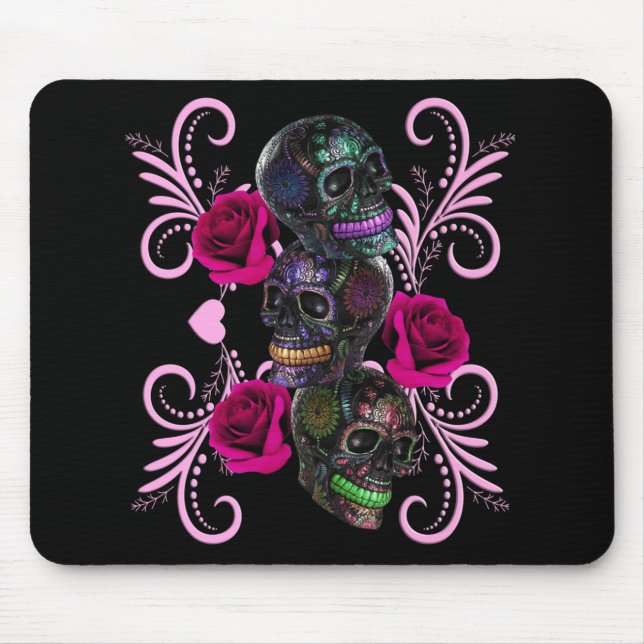 Tapis De Souris Triple Journée Noire Des Crânes Morts Roses Roses  (Devant)