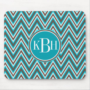 Tapis De Souris Triple Monogramme Turquoise Bleu Brown Chevron