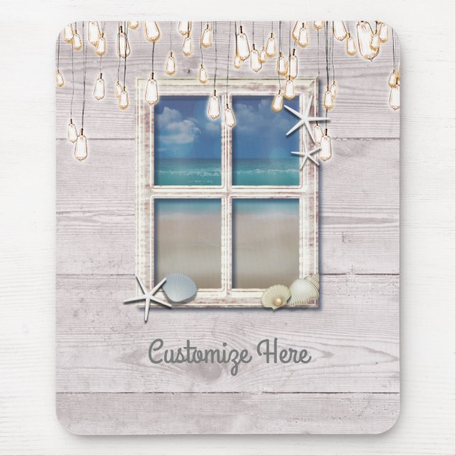 Tapis De Souris Tropical Beach Window Blanc Bois Élégant Chic (Devant)